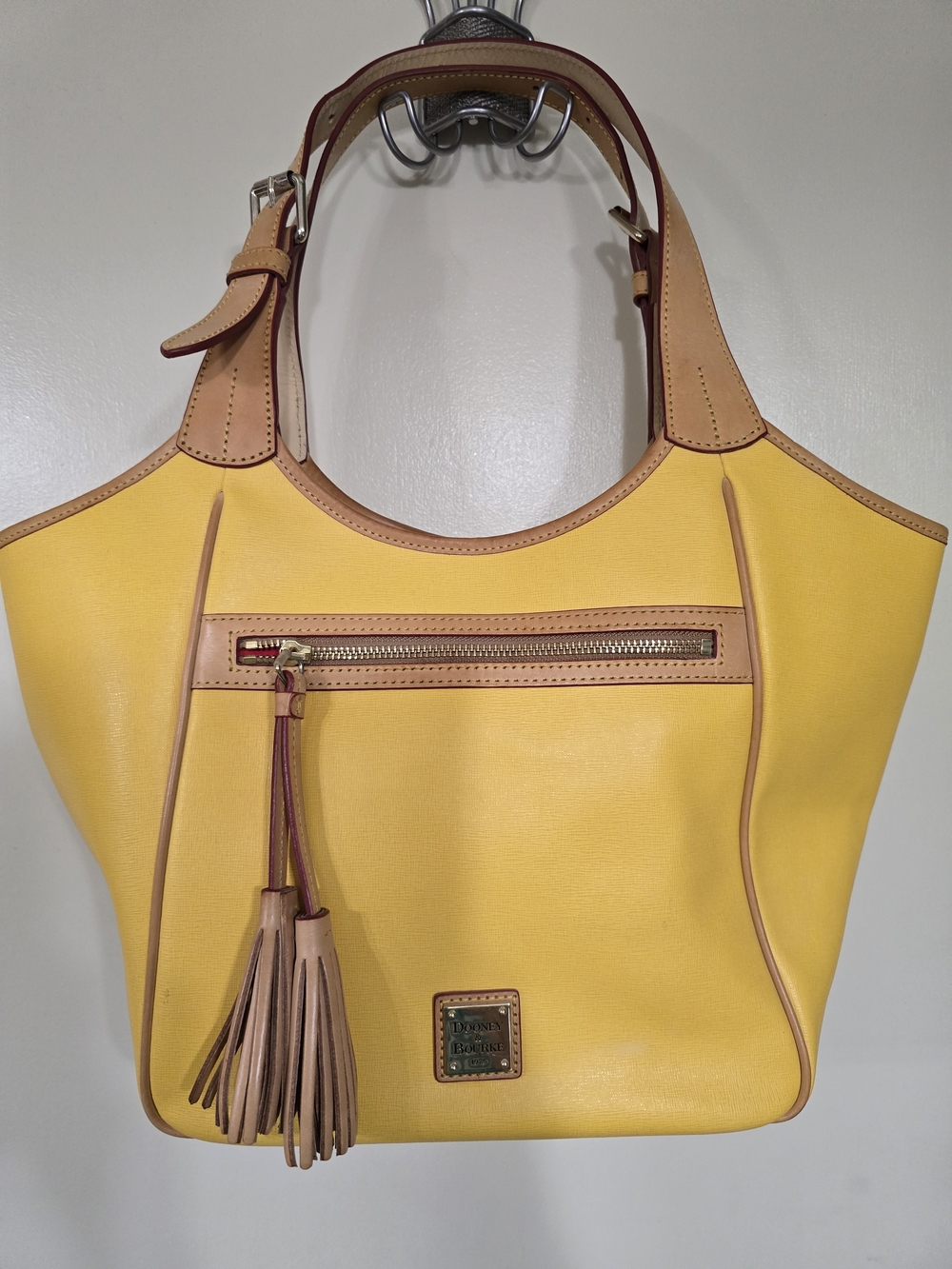 Dooney & Burke Yellow Leather Tote Handbag with Tan Trim